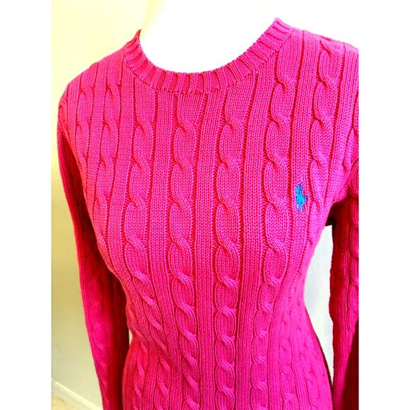 VTG Ralph Lauren Women’s Cable Knit Sweater Pink Preppy Retro Barbie Pony Logo M - Picture 9 of 10